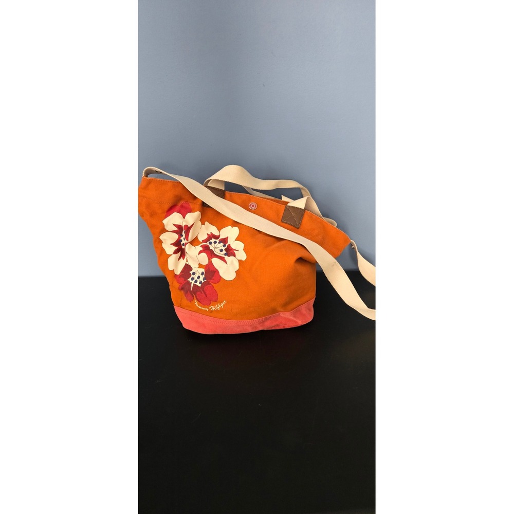 Tommy Hilfiger Orange Floral Canvas Tote Bag Shoulder Strap Large Handbag - Picture 2 of 9